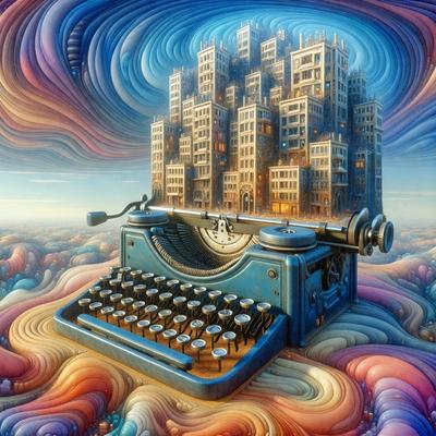 Primary subject: An old typewriter with a blue color.
Setting/background: A colorful, swirling background with buildings and clouds.
Visual style: Digital art.
Colors and mood: The image is vibrant and has a whimsical, dreamy atmosphere.